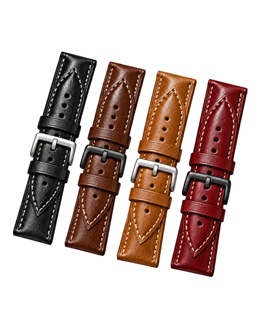 Four Textured Leather Watch Straps in black, brown, light brown and burgundy